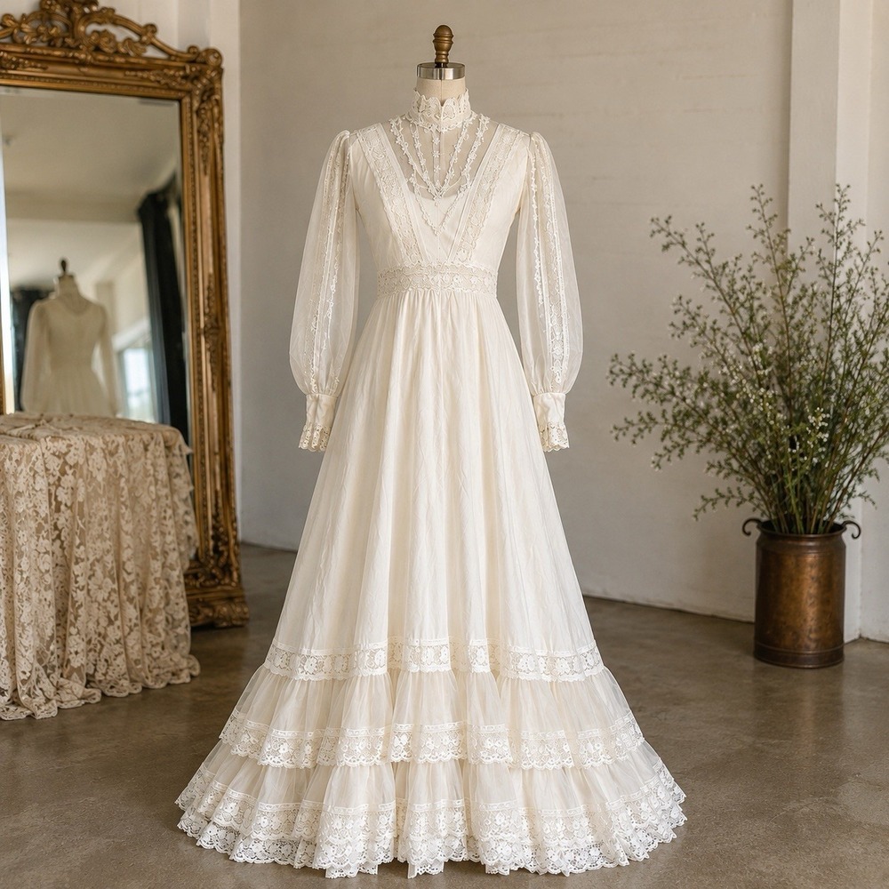Vintage 1960s White Lace Wedding Dress‎ Sheer Sleeve Bridal Gown Boho Moxi